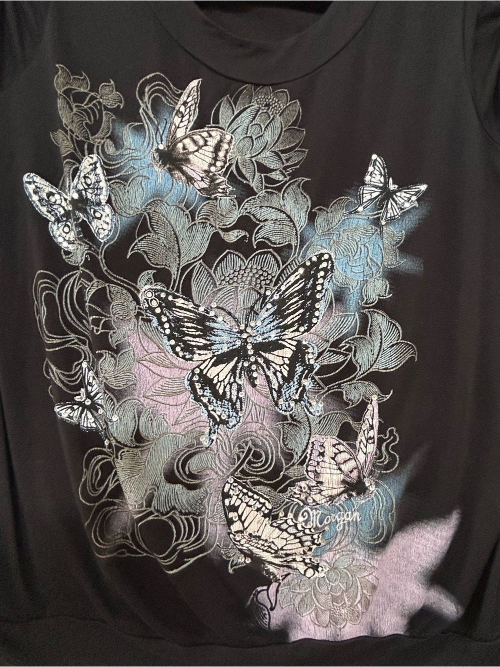 Morgan & Co. Black Tee with Pastel Butterfly Floral Graphic